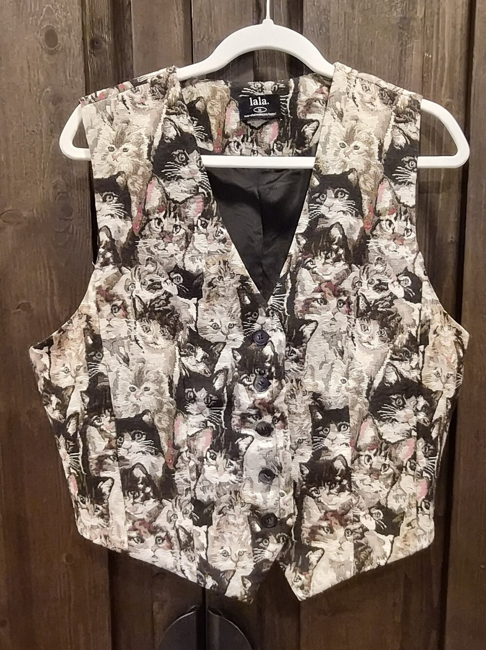 Dressed In Lala Cat Pattern Vest in Black, Cream, Pink